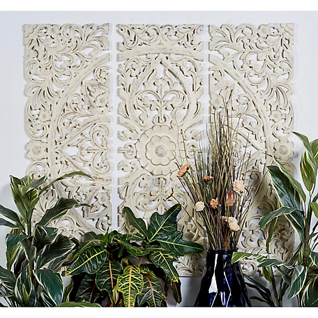 Harper & Willow Extra Large Hand-Carved White Wood Wall Panels with Floral and Acanthus Designs, 16 in. x 48 in., 3 pc.