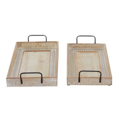 Image showing  Rectangular Wood Tray with Black Metal Handles and Carved Pattern Bordered Inlay, 2 pc.