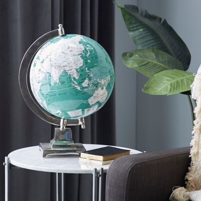 Harper & Willow Terrestrial World Globe on Axis, 12 in. x 18 in., Turquoise/Silver