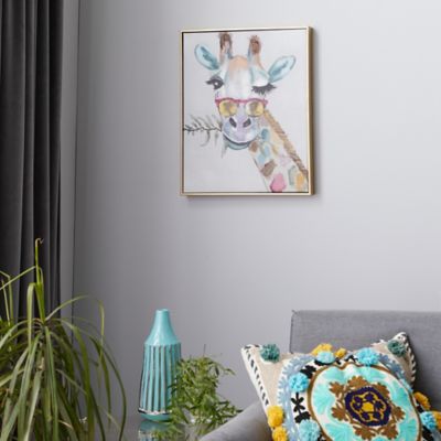 Harper & Willow Rectangular Multicolor Whimsical Giraffe Canvas Wall Art with Gold Wood Frame, 17 in. x 21 in.