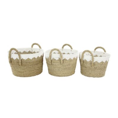 Image showing  Brown Sea Grass Natural Storage Basket with White Cotton Detail, 17 in., 16 in., 14 in., 3 pc.