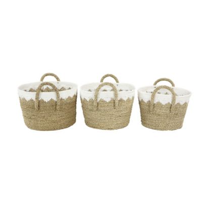 Image showing  Brown Sea Grass Natural Storage Basket with White Cotton Detail, 17 in., 16 in., 14 in., 3 pc.
