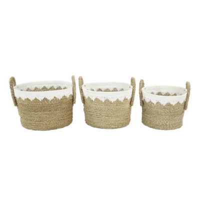 Image showing  Brown Sea Grass Natural Storage Basket with White Cotton Detail, 17 in., 16 in., 14 in., 3 pc.