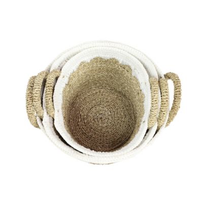 Image showing  Brown Sea Grass Natural Storage Basket with White Cotton Detail, 17 in., 16 in., 14 in., 3 pc.