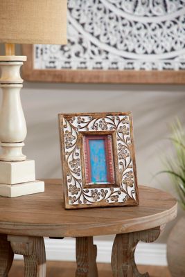 Harper & Willow Rectangular Carved Brown Wood Floral Picture Frame with Whitewash Finish, 8.5 in. x 10 in.