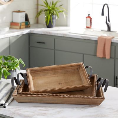 Harper & Willow Rectangular Wood Tray with Beaded Border and Black Metal Handles, 20 in., 24 in., 27 in., 3 pc.