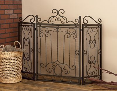 Harper & Willow Brown Metal Foldable Mesh Netting 3 Panel Scroll Fireplace Screen 48 in. x 1 in. x 38 in.