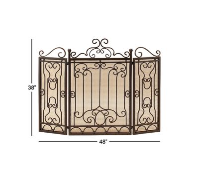 Image showing  Brown Metal Foldable Mesh Netting 3 Panel Scroll Fireplace Screen 48 in. x 1 in. x 38 in.