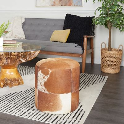 Harper & Willow Brown/White Genuine Cowhide Round Ottoman, 16 in. x 16 in.