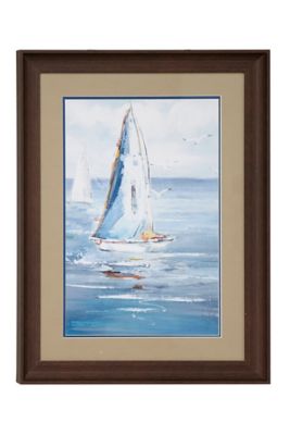 Image showing  Blue Coastal Decor Sailboat Painting Print in Rectangular Brown Wood Frame, 17.5 in. x 23.5 in.