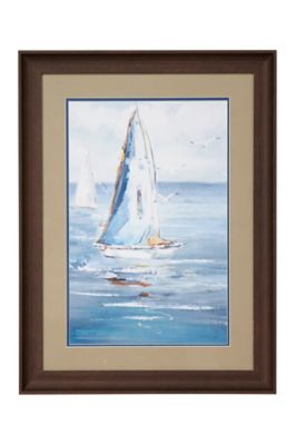 Image showing  Blue Coastal Decor Sailboat Painting Print in Rectangular Brown Wood Frame, 17.5 in. x 23.5 in.