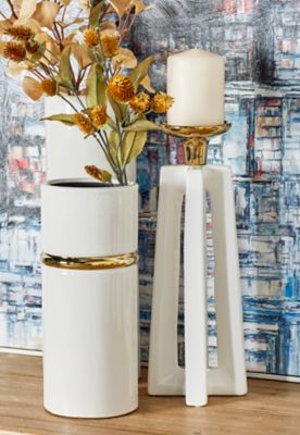 Harper & Willow Tall Gold and White Stone Modern X-Shaped Candle Holders, 5 in. x 14 in. and 5 in. x 12 in., 2 pc., 59973