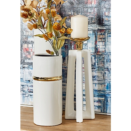 Harper & Willow Tall Gold and White Stone Modern X-Shaped Candle Holders, 5 in. x 14 in. and 5 in. x 12 in., 2 pc., 59973