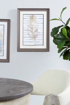 Harper & Willow Eclectic Decor Metallic Gold Feather Print with Stripes in Rectangular Brown Wood Frame, 17.5 in. x 23.5 in.