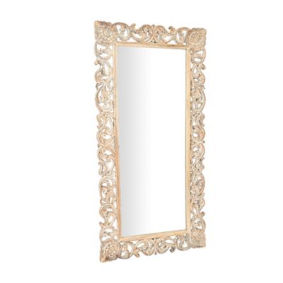 Image showing  Light Brown Mango Wood Intricately Carved Floral Wall Mirror 36" x 2" x 72", 23702