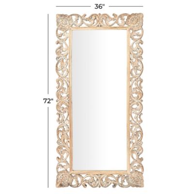 Image showing  Light Brown Mango Wood Intricately Carved Floral Wall Mirror 36" x 2" x 72", 23702
