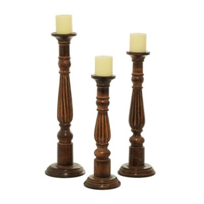 Image showing  Traditional Style Turned Column Brown Wood Candlesticks, 3 pc., 14194