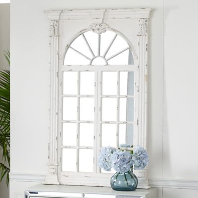 Harper & Willow Cream Wood Window Pane Inspired Wall Mirror With Arched Top And Distressing 37" X 3" X 52", 18175