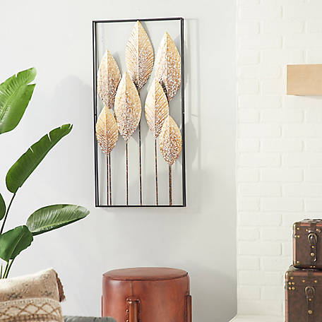 Harper Willow Large Rectangular Whitewashed Gold Leaves Metal Wall Decor 18 In X 36 18989 At Tractor Supply Co - Large Metal Leaf Wall Art