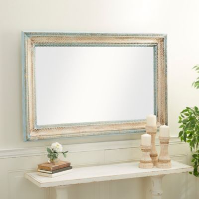 Harper & Willow Large Rectangular Distressed White and Blue Wood Carved Wall Mirror, 32 in. x 48 in., 22336