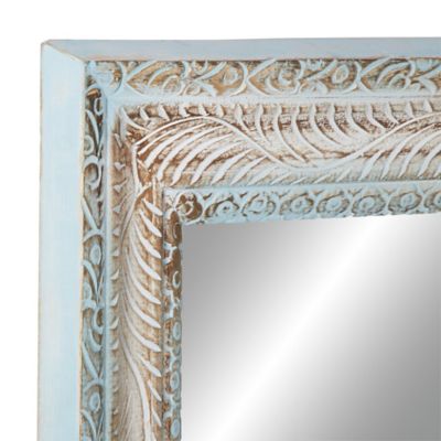 Image showing  Large Rectangular Distressed White and Blue Wood Carved Wall Mirror, 32 in. x 48 in., 22336