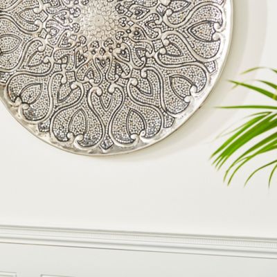 Image showing  Large Round Silver Aluminum Wall Decor with Mosaic Mirror Detail, 33 in. x 33 in.