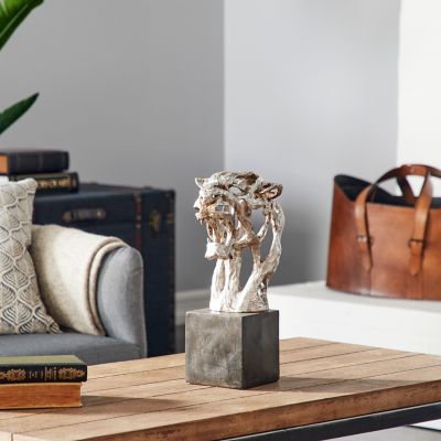 Harper & Willow 7 in. x 16 in. Silver Polystone Abstract Leopard Head Sculpture with Black Rectangular Base