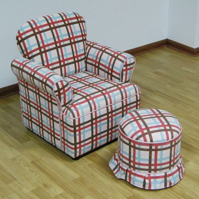 4D Concepts Rolled Arm Chair with Round Ottoman, Plaid, 23 in. x 20 in. x 25.5 in. Chair, 26 lb.