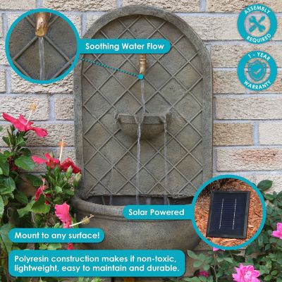 Image showing 8 th Sunnydaze Decor 26 in. Solar Messina Outdoor Wall-Mount Water Fountain with Battery Pack, Florentine Stone Finish, 132397FSSOD