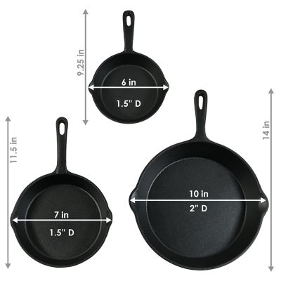 Image showing  Indoor/Outdoor Heavy-Duty Pre-Seasoned Cast Iron Skillet Frying Pan Set - 6, 7, & 10 in. - Black - 3pc