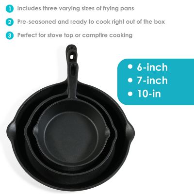 Image showing 5 th Sunnydaze Decor Indoor/Outdoor Heavy-Duty Pre-Seasoned Cast Iron Skillet Frying Pan Set - 6, 7, & 10 in. - Black - 3pc