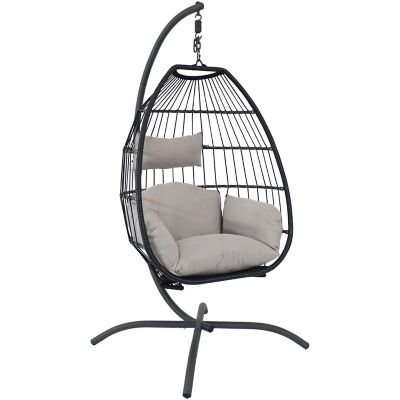 Sunnydaze Decor Outdoor Resin Wicker Patio Oliver Lounge Hanging Egg Chair Swing with Cushions, Headrest, & Steel Stand Set