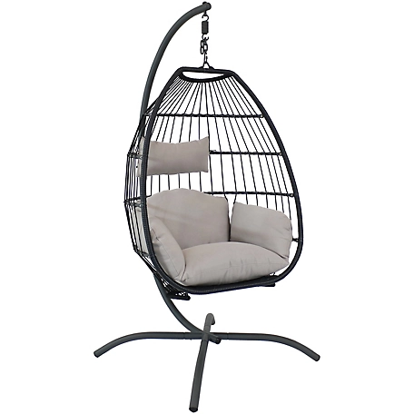 Sunnydaze Decor Outdoor Resin Wicker Patio Oliver Lounge Hanging Egg Chair Swing with Cushions, Headrest, & Steel Stand Set