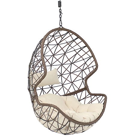 Sunnydaze Decor Outdoor Resin Wicker Patio Danielle Hanging Basket Egg Chair Swing with Cushion and Headrest - Beige - 2pc
