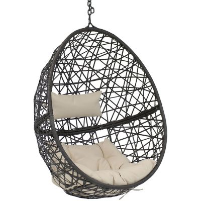Sunnydaze Decor Outdoor Resin Wicker Patio Caroline Lounge Hanging Basket Egg Chair with Cushions - Beige - 2pc