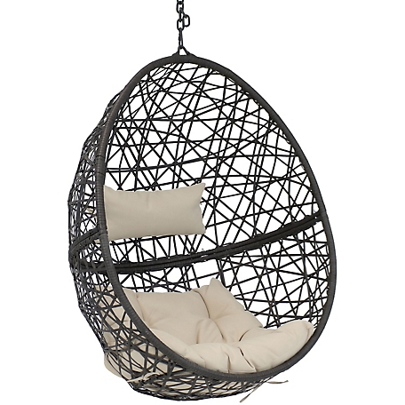Sunnydaze Decor Outdoor Resin Wicker Patio Caroline Lounge Hanging Basket Egg Chair with Cushions - Beige - 2pc