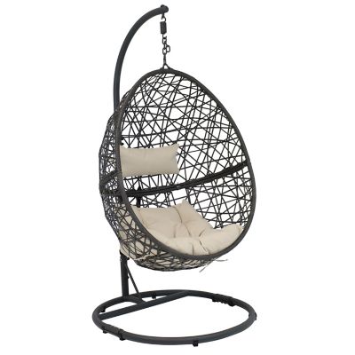 Sunnydaze Decor Outdoor Resin Wicker Patio Caroline Lounge Hanging Basket Egg Chair Swing with Cushions & Steel Stand Set, Beige