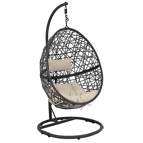 Sunnydaze Decor Outdoor Resin Wicker Patio Caroline Lounge Hanging Basket Egg Chair Swing with Cushions & Steel Stand Set, Beige