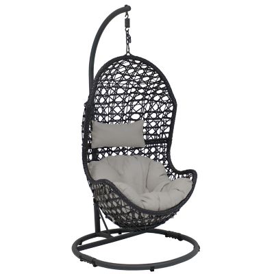 Sunnydaze Decor Outdoor Resin Wicker Cordelia Hanging Basket Egg Chair Swing with Cushion, Headrest & Steel Stand Set, Gray, 3pc