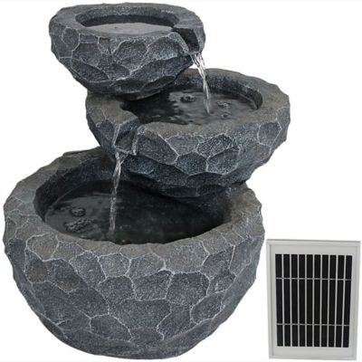 Sunnydaze Decor Outdoor 3-Tier Chiseled Basin Solar Water Fountain with Battery Backup & Submersible Pump, 17 in., AMP-F834