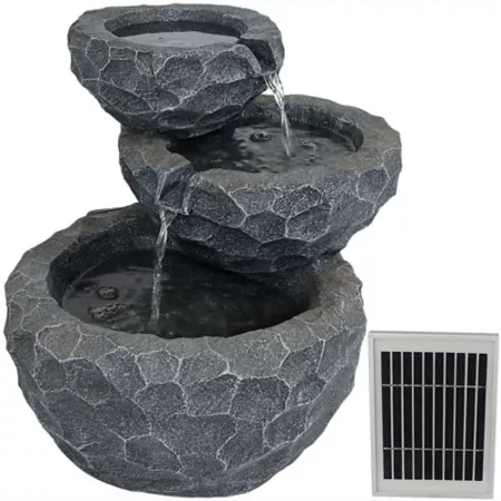 Sunnydaze Decor 17.5 in 3-Tier Outdoor Chiseled Basin Solar Water Fountain with Battery Backup and Submersible Pump Fountains