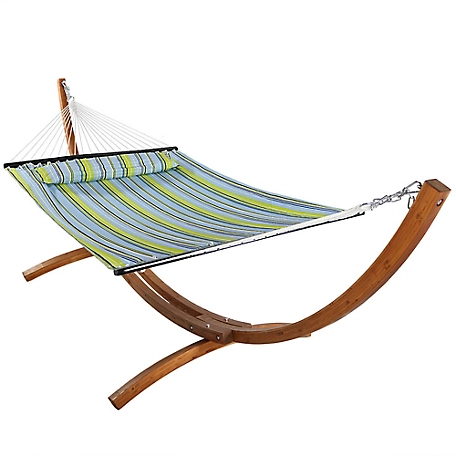 Sunnydaze Decor Quilted 2-Person Hammock with 12 ft. Curved Wood Stand, Blue/Green Stripe