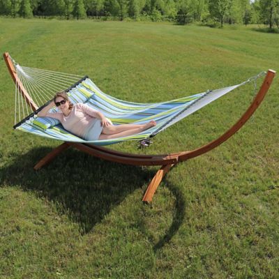 Image showing  Quilted 2-Person Hammock with 12 ft. Curved Wood Stand, Blue/Green Stripe