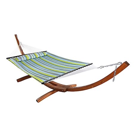 Sunnydaze Decor Quilted Double Fabric 2-Person Hammock with Curved Arc Wood Stand, 400 lb Weight Capacity/13' Stand, Blue/Green