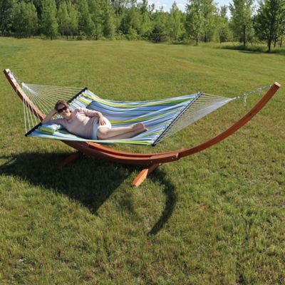 Image showing  Quilted Double Fabric 2-Person Hammock, Curved Arc Wood Stand, 400 lb. Weight Capacity, 13ft. Stand, Blue/Green