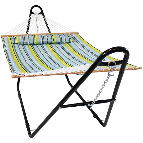 Sunnydaze Decor Quilted Fabric Outdoor Hammock with Universal Stand, Blue/Green