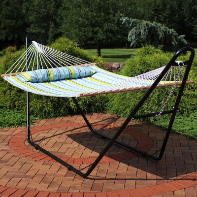 Image showing  Double Quilted Fabric Hammock with Universal Steel Stand - 450-Pound Capacity - Blue and Green