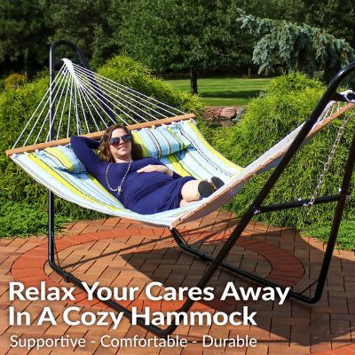 Image showing  Double Quilted Fabric Hammock with Universal Steel Stand - 450-Pound Capacity - Blue and Green