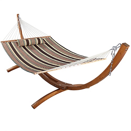 Sunnydaze Decor Quilted 2-Person Hammock with 12 ft. Curved Wood Stand, Sandy Beach Stripe