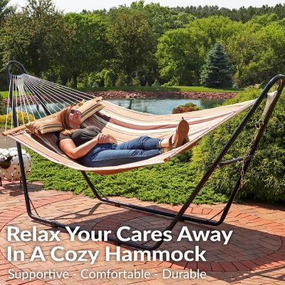 Image showing  Quilted Fabric Outdoor Hammock with Universal Stand, Sandy Beach